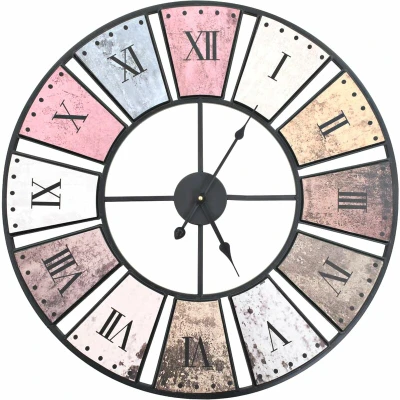 Image of vidaXL Vintage Wall Clock with Quartz Movement Multicolour Round Roman Numerals Durable Metal and MDF Construction 60 cm XXL for Décor
