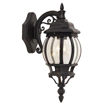 Image of Black &amp; Clear Glass Outdoor Vintage Down Coach Orb Lantern Wall Light IP44 Rated 45cm Height 1 x ES E27 Lamp Required Garden Patio Driveway UK Approved Aluminium
