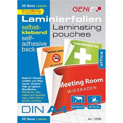Image of Genie 12538 DIN A4 Laminating Pouches with self Adhesive Backing, Glossy, Transparent, Film Thickness 80 Micron, Suitable for All hot laminators, Pack of 25