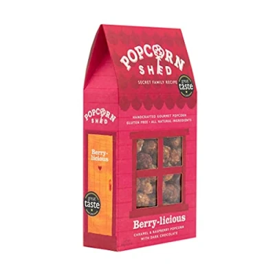 Image of Popcorn Shed &quot;Berrylicious&quot; Dark Chocolate, Caramel &amp; Raspberry Popcorn, 1 x 80g Gift Box, Gluten Free, Natural, Vegetarian Movie Night Snack