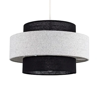 Image of Modern Cylinder Ceiling Pendant Light Shade in a Black &amp; Grey Herringbone Finish