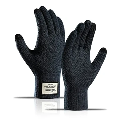 Image of BSLVWG Winter Touch Screen Gloves Men Anti Slip Thermal Knit Mens Thickened Elastic Windproof Cuff Warm Fluff Lining for Driving Running Sport Typing (Navy)