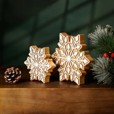 Image of Marco Paul x2 Wooden Christmas Snowflake Ornaments Set Large Unique Free Standing Table Centrepiece Xmas Sign Home Decoration 13cm &amp; 18cm Shabby Chic Vintage Natural White