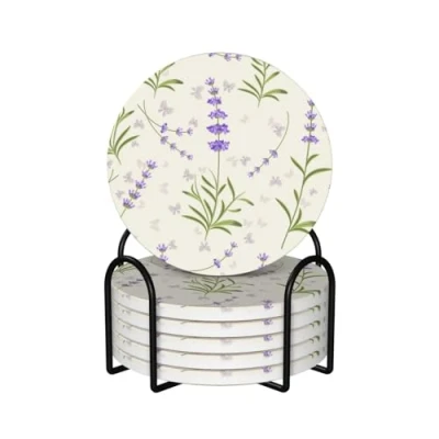 Image of Coasters,Ceramics Coasters with Holder Stand Drink Coasters,Mugs Pad Cups Mat Set of 6,Lavender Pattern