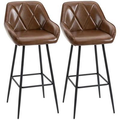 Image of HOMCOM Retro Bar Stools Set of 2, Breakfast Chairs with Footrest, Kitchen Backs and Steel Legs, for Dining Area Home Bar, Brown