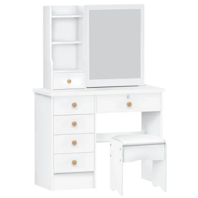 Image of Ehozirta Dressing Table with LED Lights, Vanity Desk Sliding Mirror, Bedroom Table, Makeup 6 Drawers, Open Shelves, Hidden Storage Space White