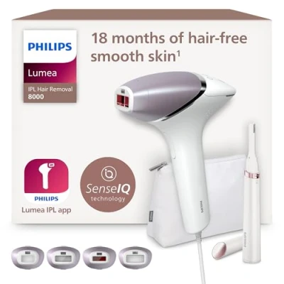 Image of Philips Lumea Series 8000, IPL Hair Removal Device, with SenseIQ Technology, 4 Attachments for Body, Face, Bikini and Underarms, Satin Compact Pen Trimmer, Model BRI949/00