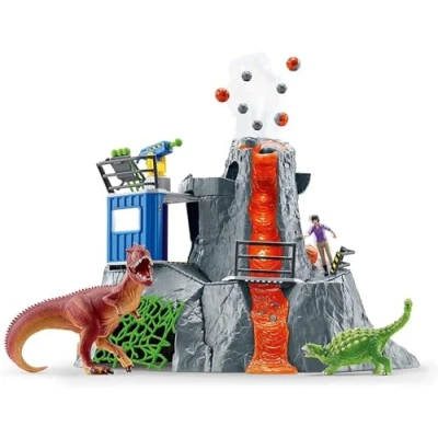Image of schleich DINOSAURS Volcano Expedition Base Camp, Dinosaur Playset Including LED Erupting Volcano, Researcher Figurines and 2 x Toys for Boys Girls ages 4+