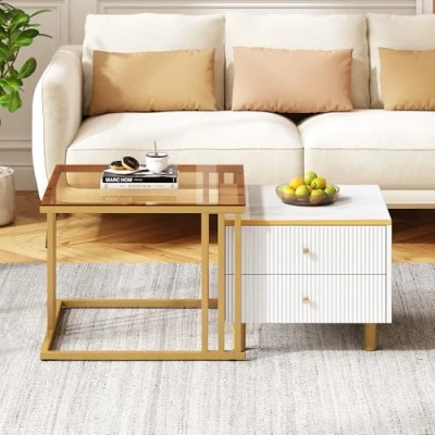 Image of ModernLuxe 2 in 1 Coffee Table, Square Nest of Tables, Multi functional Side Table with Gold Metal Frame Legs and Marble Pattern White Top, Storage Drawers, Nesting Tables for Living Room