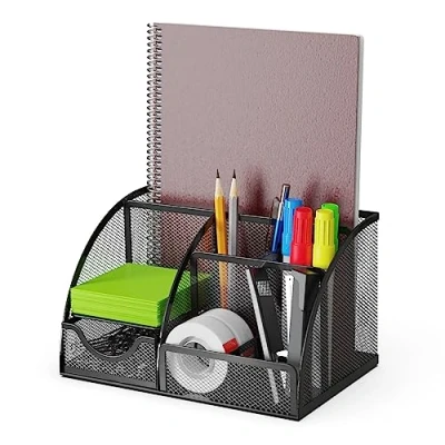 Image of Desk Organizer and Pencil Case with Drawer 6 Compartments in Black Metal Mesh. Space Saving for Pens, Pencils, Sticky Notes, Clips Staplers
