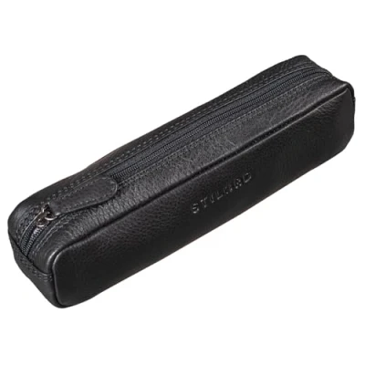 Image of STILORD &#039;Preston&#039; Pencil Case Leather Vintage Pen Pouch Round Organiser Gift for Women Men Stationary Slim in Genuine Leather, Colour:Black