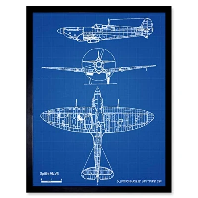 Image of Artery8 Supermarine Spitfire 5b Fighter Plane Blueprint Plan Art Print Framed Poster Wall Decor 12x16 inch