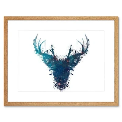 Image of Wee Blue Coo Ink Splat Deer Stag Artwork Framed Wall Art Print 12X16 Inch