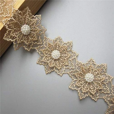 Image of 2 Yards Gold Flower Pearl Lace Edge Trim Ribbon 2.36&quot; Width Vintage Style Edging Trimmings Fabric Embroidered Applique Sewing Craft Wedding Dress Embellishment DIY Cards Hats Clothes Embroidery
