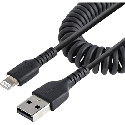 Image of StarTech.com 50cm (20in) USB to Lightning Cable, MFi Certified, Coiled iPhone Charger Black, Durable TPE Jacket Aramid Fiber, Heavy Duty Coil Cable (RUSB2ALT50CMBC)
