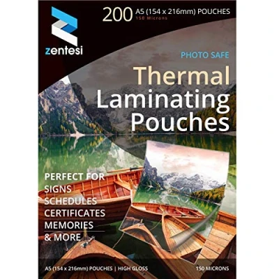 Image of Zentesi A5 Laminating Pouches High Gloss Laminator Sleeves 150 Micron (75 + 75 Microns) Glossy Laminate Pouch Sheets Pack of 200