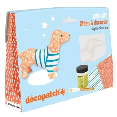 Image of Décopatch Ref KIT026C Dachshund Mini Kit Suitable for Children Includes White Papier Mache Animal, 2 x Sheets, Brush &amp; Pot of PaperPatch Glue