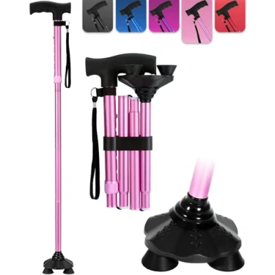 Image of 3 Footed Walking stick Folding Adjustable Sticks For Women Free Standing Cane, Canes Men, Ladies, Elderly (walking pink)