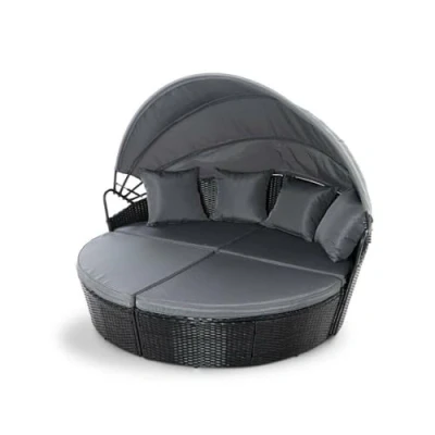 Image of EVRE Bali Black 3 Piece Modular Round Rattan Wicker Patio Garden Furniture Daybed Sun Lounger Set with Extendable Canopy and Conversation Seat Cushions