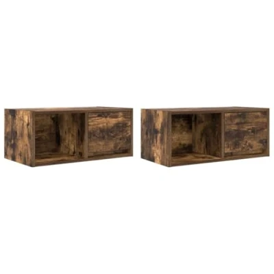 Image of vidaXL TV Cabinets 2 pcs Smoked Oak 60x31x25.5 cm Engineered Wood Wall Mounted Storage for Living Room Modern Media Console with Drawer and Shelf