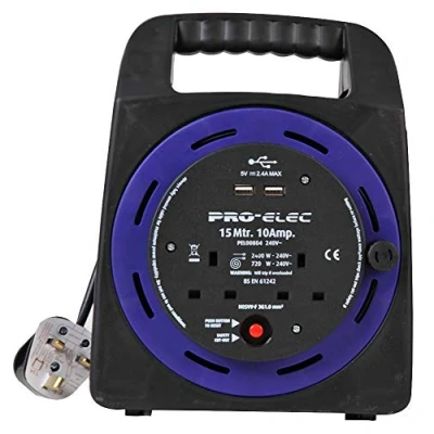 Image of Pro Elec PEL00804 10A 2 Gang Handbag Reel mains Extension with 2x USB Charging Ports, 15 m