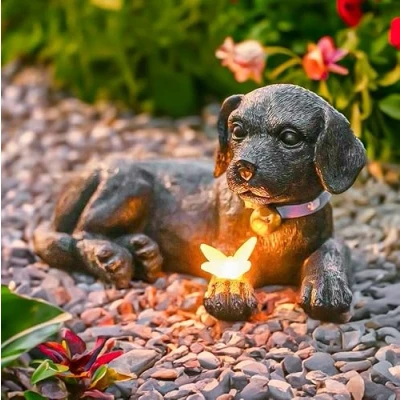 Image of Garden Mile Resin Labrador Puppy Statue Ornaments Outdoor with Solar Butterfly Black Durable Retriever Animal Weatherproof Sculptures for Patio, Pond, Flowers Décor