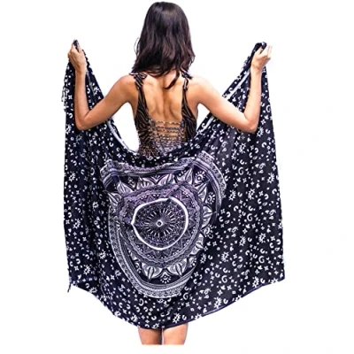 Image of Bohemian Sarong, Mandala Pareo, Bikini Swimsuit Cover Up, Beach Blanket, Wrap (Black)