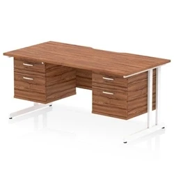 Image of Impulse 1600 x 800mm Scalloped Edge Straight Office Desk Walnut Top White Cantilever Leg Workstation 2 Drawer Fixed Pedestal