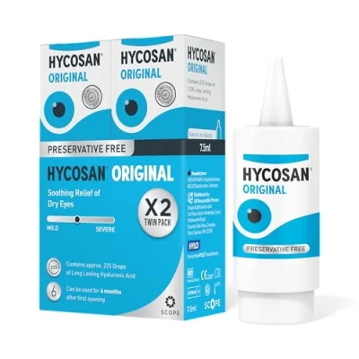 Image of Hycosan Original Twin Pack Eye Drops with Hyaluronic Acid for Treatment and Rapid Relief of Mild to Moderate Dry Eyes Preservative Free 2 x 225 Measured Doses
