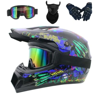 Image of Motocross Motorcycle Cross Helmet with Gloves Mask Goggles, Youth Kids Dirt Bike Helmets, Off Road Crash Protective Gear(AA,L(56 57cm))