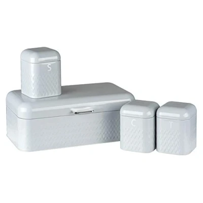 Image of LIVIVO Taurus 4pc Kitchen Storage Set with Airtight Lids Includes Tea Coffee Sugar Canister Jar Matching Stylish Bread Bin (Grey)