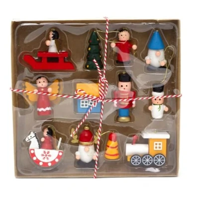 Image of Set Of 12 Traditional Christmas Tree Ornaments piece Wooden Hanging Decoration Classic Wood Baubles For