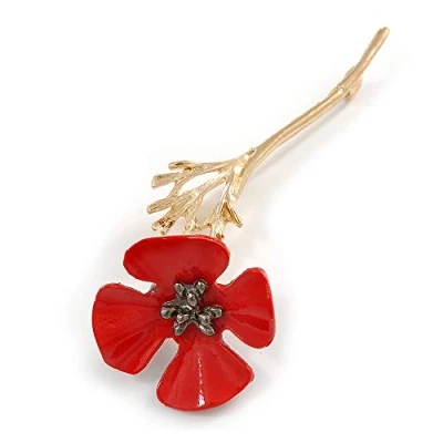 Image of Avalaya Bright Red Enamel Poppy Brooch in Gold Tone Metal 75mm Long