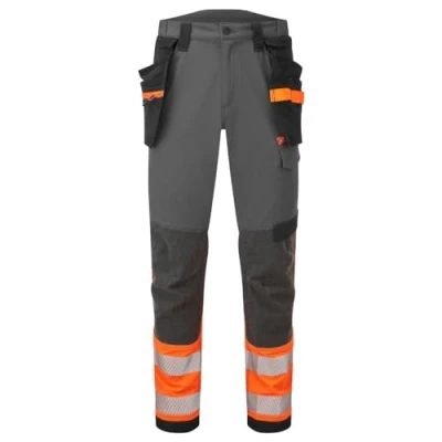 Image of Portwest EV442 Men&#039;s Hi Vis Work Trousers Slim Fit Stretch Fabric Workwear Utility Safety with Detachable Holster Pocket and Knee Pad Pockets Grey/Orange, 42 Tall