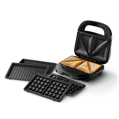 Image of Philips 5000 Series Sandwich Maker 3 Plate Sets for Paninis, Sandwiches, and Waffles. Nonstick Grill Plates. Cut Seal. 750W Power. Black (HD2350/80)