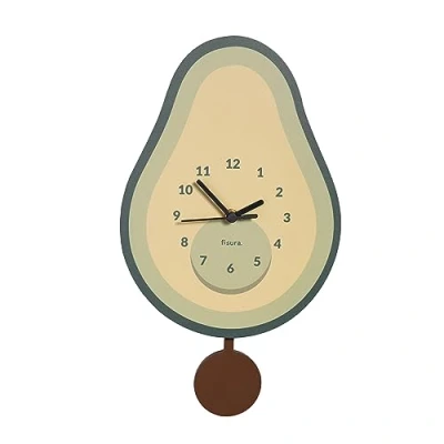 Image of Fisura Original avocado wall clock. Silent clock 38 centimetres x 20 centimetres. Green kitchen Wooden and ABS pendulum 1 AA battery.