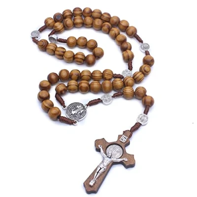 Image of RICHRAIN Black Wooden Rosary Beads Catholic Prayer Bead Necklace Rosaries (Brown Wood Rosary)