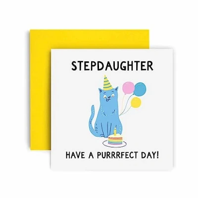 Image of Huxters Birthday Cards for Women The Purrfect Cat Step Daughter Happy Card Birthday, Mother’s Day Sister with Lovely Pink Envelope Funny (Step Daughter)