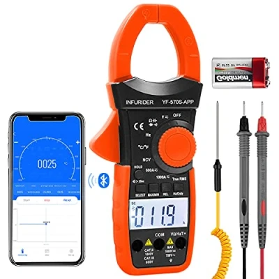 Image of INFURIDER Digital AC/DC Volt Amp Clamp Meter,Wireless Bluetooth Auto Ranging 1000A Ammeter Multimeter for Voltage,Current,Ohm,Cap,Temperature Tester