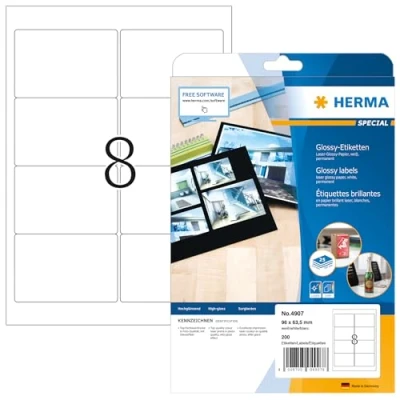 Image of HERMA Self Adhesive High Gloss Labels, 8 Labels per A4 Sheet, 25 Sheets, 96 x 63.5 mm, 200 Blank Photo Quality Stickers, Sticky for Laser Printer, White