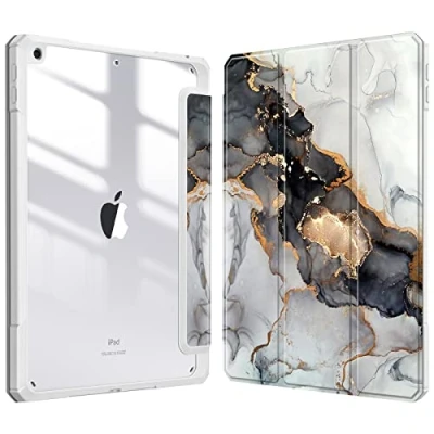 Image of Fintie Hybrid Slim Case for iPad 9th / 8th 7th Generation (2021/2020 2019) 10.2 Inch [Built in Pencil Holder] Shockproof Cover with Clear Transparent Back Shell, Cloudy Marble