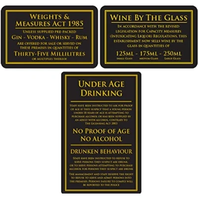 Image of Mileta Weights &amp; Measures Act 35ml Sign Wine by the Glass 125ml 175ml 250ml Under Age Law Black Gold Pack of 3 Signs