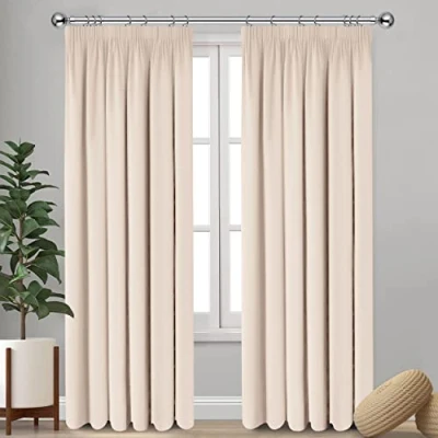 Image of Imperial Rooms Blackout Curtains for Living Room Pencil Pleat Cream Bedroom 90x72 Drop Inch Thermal Insulated Super Soft Black Out Kitchen Curtain Pair Panels with Tiebacks