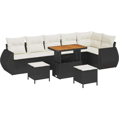 Image of vidaXL 9 Piece Garden Sofa Set with Cushions Black Poly Rattan Acacia