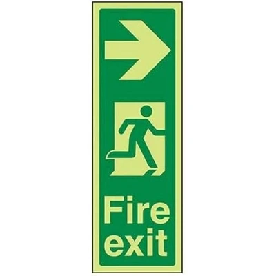 Image of V Safety Glow In The Dark Fire Exit Arrow Right Sign 150mm x 450mm Self Adhesive Vinyl