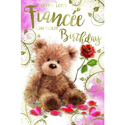 Image of With Love Fiancee Cute Bear &amp; Roses Design Happy Birthday Card Lovely Verse