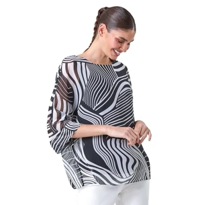 Image of Roman Womens Linear Print Overlay Top Black Size 10 UK
