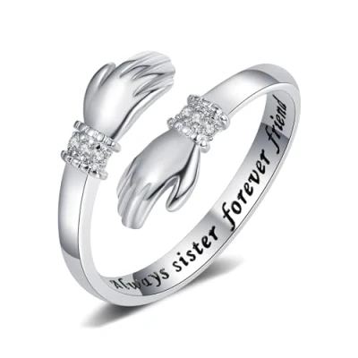 Image of Yifnny Hug Ring, Engraved Words Hugging Hands Open Ring Adjustable Couple Women Mens Rings Friendship Mothers Day Jewelry Gifts (Always sister forever friend)