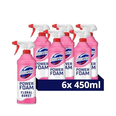 Image of Domestos Power Foam Floral Burst toilet &amp; bathroom cleaner Spray sprays upside down eliminates 99.99% of germs* multi purpose for cleaning inside around 6x 450 ml