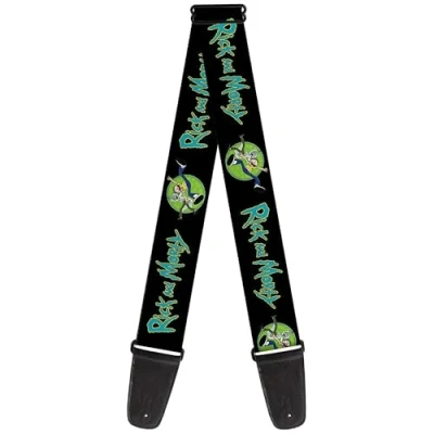 Image of Buckle Down Rick and Morty Guitar Strap, Title Logo Portal Pose Black, 2 Inches Wide, Green, 2&quot; Wide 29 54&quot; Length